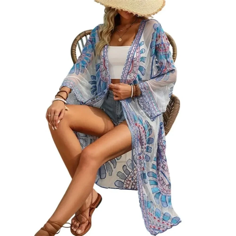 Chic Bohemian Crochet Floral Kimono Cardigan Beach Cover-Up Multicolor - Picture 6 of 12